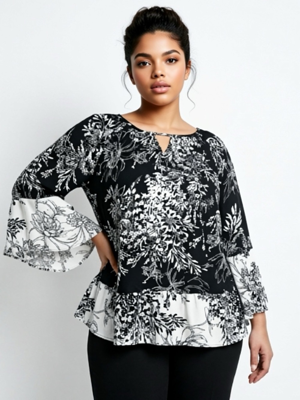 Cato EST. 1946 Black & White Floral Bell Sleeve Blouse XL
